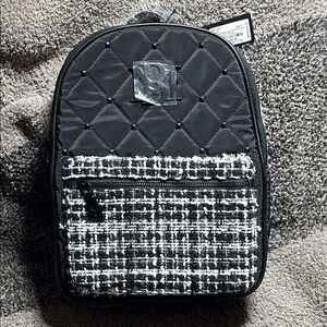 Chic Black Quilted Backpack with Tweed Pocket